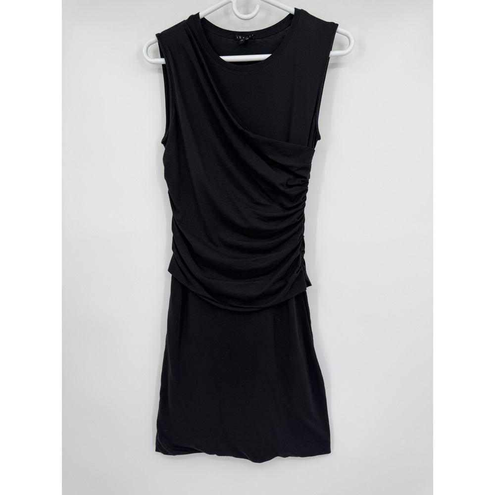 Theory Black Pima Cotton Ruched Draped Sleeveless Mini Dress Petite XS/S